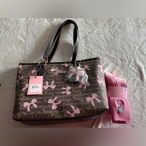 BEAUTIFUL JUICY COUTURE DARK BROWN PINK SIMPLY SWEET TOTE BOWS W FREE GIFT